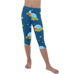 Seamless Pattern Ufo With Star Space Galaxy Background Kids  Lightweight Velour Capri Leggings  by Vaneshart