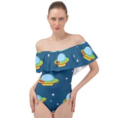 Seamless Pattern Ufo With Star Space Galaxy Background Off Shoulder Velour Bodysuit 