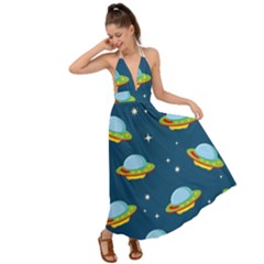 Seamless Pattern Ufo With Star Space Galaxy Background Backless Maxi Beach Dress by Vaneshart