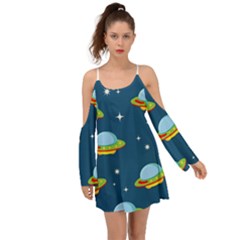 Seamless Pattern Ufo With Star Space Galaxy Background Kimono Sleeves Boho Dress by Vaneshart