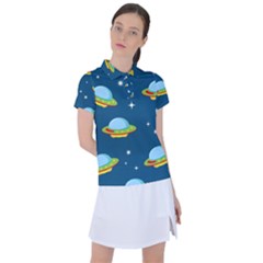 Seamless Pattern Ufo With Star Space Galaxy Background Women s Polo Tee