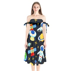 Space Seamless Pattern Shoulder Tie Bardot Midi Dress by Vaneshart