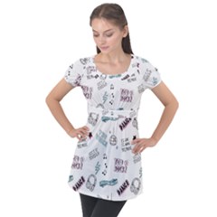 Music Themed Doodle Seamless Background Puff Sleeve Tunic Top by Vaneshart