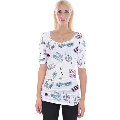 Music Themed Doodle Seamless Background Wide Neckline Tee by Vaneshart