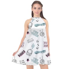 Music Themed Doodle Seamless Background Halter Neckline Chiffon Dress 