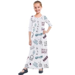 Music Themed Doodle Seamless Background Kids  Quarter Sleeve Maxi Dress by Vaneshart