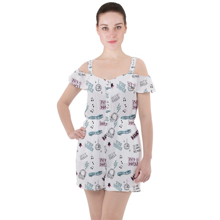 Music Themed Doodle Seamless Background Ruffle Cut Out Chiffon Playsuit