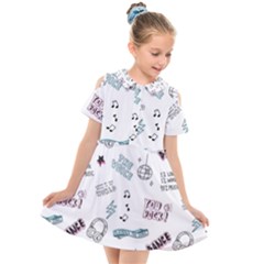 Music Themed Doodle Seamless Background Kids  Short Sleeve Shirt Dress by Vaneshart