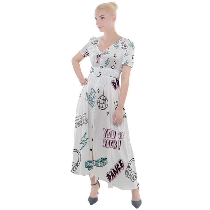 Music Themed Doodle Seamless Background Button Up Short Sleeve Maxi Dress