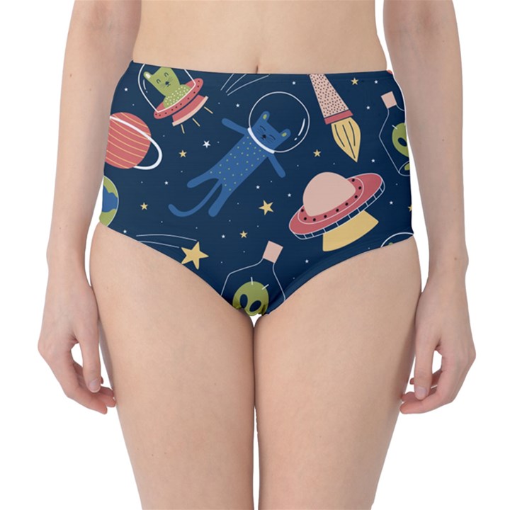 Seamless Pattern With Funny Aliens Cat Galaxy Classic High-Waist Bikini Bottoms