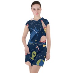 Seamless Pattern With Funny Aliens Cat Galaxy Drawstring Hooded Dress by Vaneshart