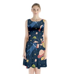 Seamless Pattern With Funny Aliens Cat Galaxy Sleeveless Waist Tie Chiffon Dress