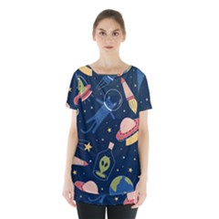 Seamless Pattern With Funny Aliens Cat Galaxy Skirt Hem Sports Top by Vaneshart