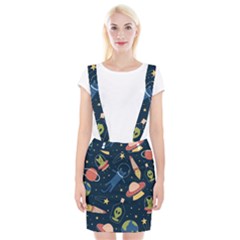 Seamless Pattern With Funny Aliens Cat Galaxy Braces Suspender Skirt by Vaneshart