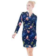 Seamless Pattern With Funny Aliens Cat Galaxy Button Long Sleeve Dress by Vaneshart