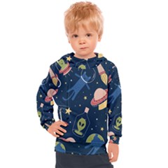 Seamless Pattern With Funny Aliens Cat Galaxy Kids  Hooded Pullover