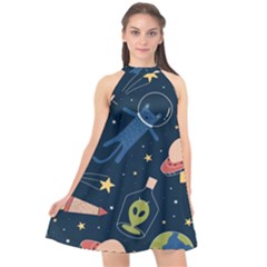 Seamless Pattern With Funny Aliens Cat Galaxy Halter Neckline Chiffon Dress  by Vaneshart