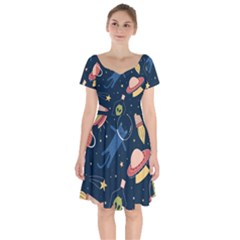 Seamless Pattern With Funny Aliens Cat Galaxy Short Sleeve Bardot Dress by Vaneshart