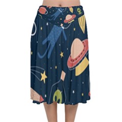 Seamless Pattern With Funny Aliens Cat Galaxy Velvet Flared Midi Skirt by Vaneshart