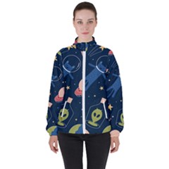 Seamless Pattern With Funny Aliens Cat Galaxy Women s High Neck Windbreaker by Vaneshart