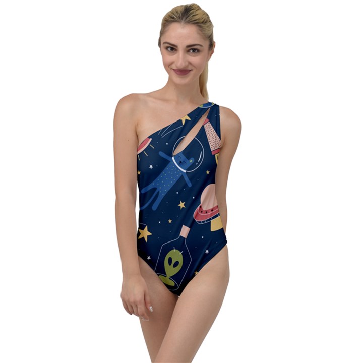 Seamless Pattern With Funny Aliens Cat Galaxy To One Side Swimsuit