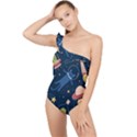 Seamless Pattern With Funny Aliens Cat Galaxy Frilly One Shoulder Swimsuit View1