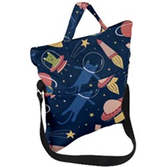 Seamless Pattern With Funny Aliens Cat Galaxy Fold Over Handle Tote Bag by Vaneshart