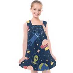 Seamless Pattern With Funny Aliens Cat Galaxy Kids  Cross Back Dress by Vaneshart