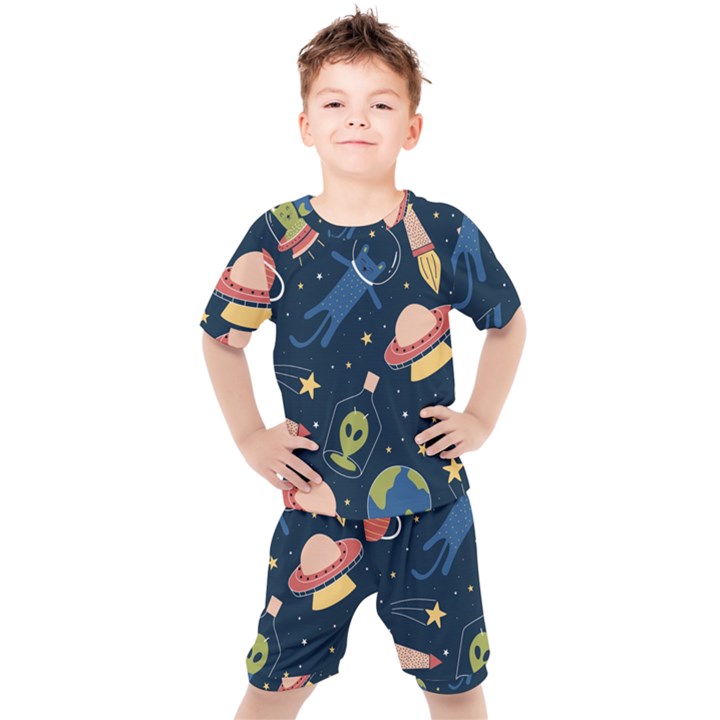 Seamless Pattern With Funny Aliens Cat Galaxy Kids  Tee and Shorts Set