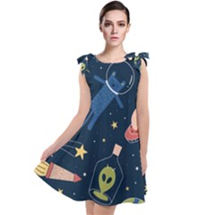 Seamless Pattern With Funny Aliens Cat Galaxy Tie Up Tunic Dress by Vaneshart