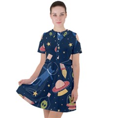 Seamless Pattern With Funny Aliens Cat Galaxy Short Sleeve Shoulder Cut Out Dress  by Vaneshart