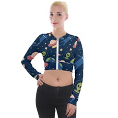 Seamless Pattern With Funny Aliens Cat Galaxy Long Sleeve Cropped Velvet Jacket by Vaneshart