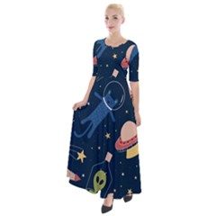 Seamless Pattern With Funny Aliens Cat Galaxy Half Sleeves Maxi Dress by Vaneshart