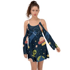 Seamless Pattern With Funny Aliens Cat Galaxy Kimono Sleeves Boho Dress by Vaneshart