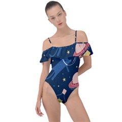 Seamless Pattern With Funny Aliens Cat Galaxy Frill Detail One Piece Swimsuit by Vaneshart