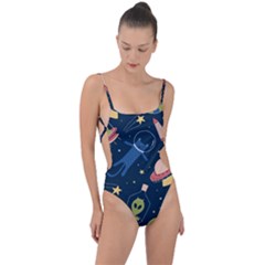 Seamless Pattern With Funny Aliens Cat Galaxy Tie Strap One Piece Swimsuit by Vaneshart