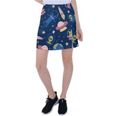 Seamless Pattern With Funny Aliens Cat Galaxy Tennis Skirt