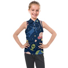 Seamless Pattern With Funny Aliens Cat Galaxy Kids  Sleeveless Polo Tee