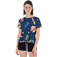 Seamless Pattern With Funny Aliens Cat Galaxy Open Back Sport Tee by Vaneshart