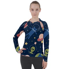 Seamless Pattern With Funny Aliens Cat Galaxy Women s Pique Long Sleeve Tee