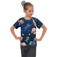 Seamless Pattern With Funny Aliens Cat Galaxy Kids  Mesh Piece Tee