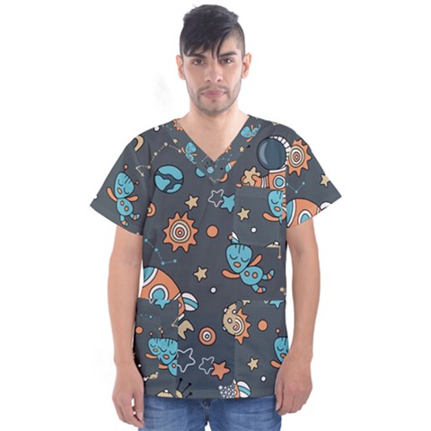 Space Seamless Pattern Men s V-neck Scrub Top by Vaneshart