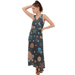 Space Seamless Pattern V-neck Chiffon Maxi Dress by Vaneshart