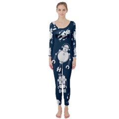 White Robot Blue Seamless Pattern Long Sleeve Catsuit by Vaneshart