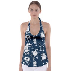 White Robot Blue Seamless Pattern Babydoll Tankini Top by Vaneshart