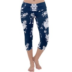 White Robot Blue Seamless Pattern Capri Yoga Leggings by Vaneshart