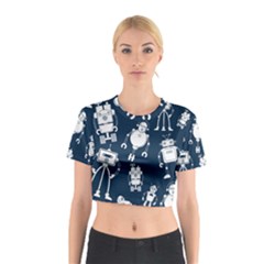 White Robot Blue Seamless Pattern Cotton Crop Top by Vaneshart