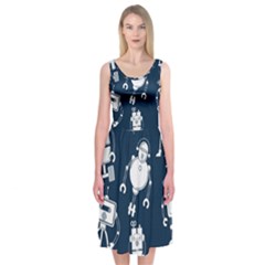 White Robot Blue Seamless Pattern Midi Sleeveless Dress