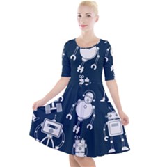 White Robot Blue Seamless Pattern Quarter Sleeve A-line Dress by Vaneshart