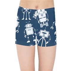 White Robot Blue Seamless Pattern Kids  Sports Shorts by Vaneshart